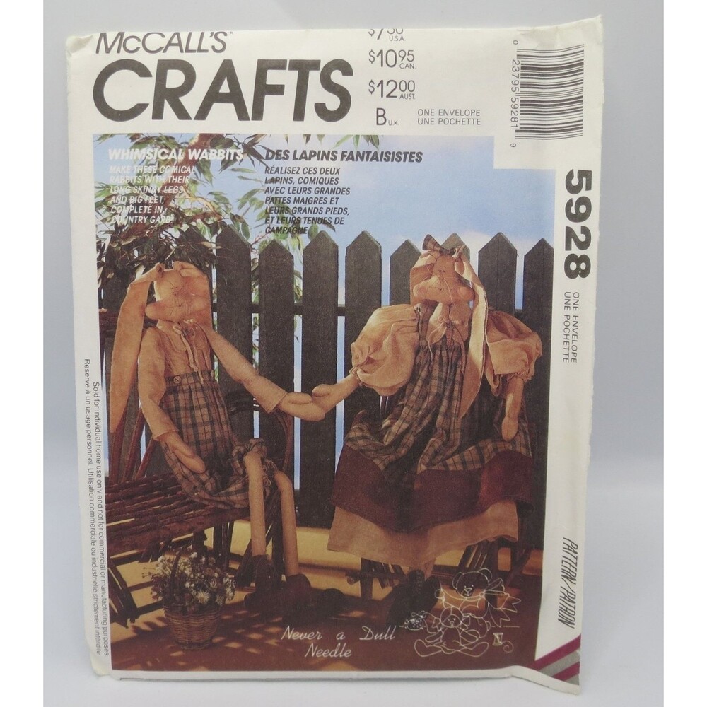 McCall's Crafts 5928 Rabbit Doll & Clothes 27.5" Tall 1990s Whimsical